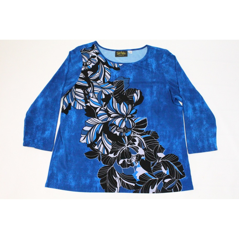 Bob Mackie Wearable Art Blue Floral Print 3/4 Sleeve Top A341822 Large